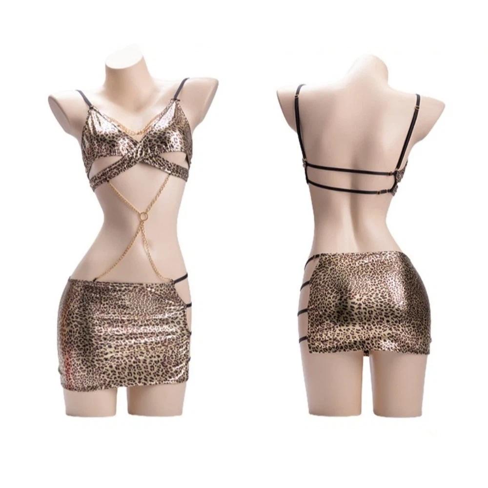 Bright Leopard Leopard Print Dress Panties with Chain Thin Belt Thong  Home