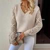 Euro-American V-Neck Hollow-Out Solid Long-Sleeve Sweater 906