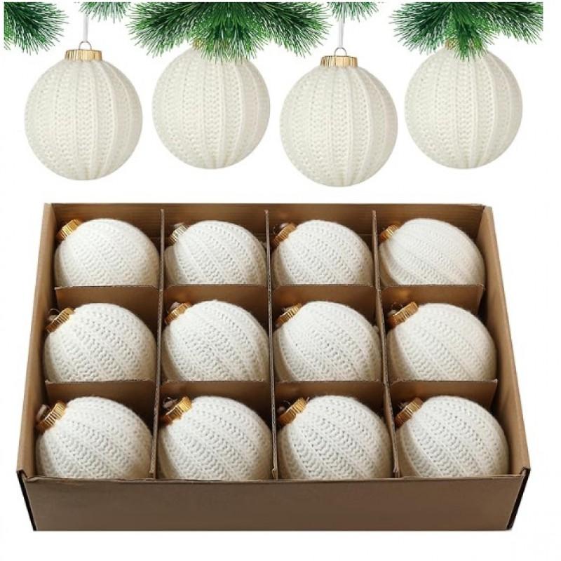 Handmade Knitted Christmas Ornament Balls Set Red Green White Tree Decor Holiday Home Festive Decoration