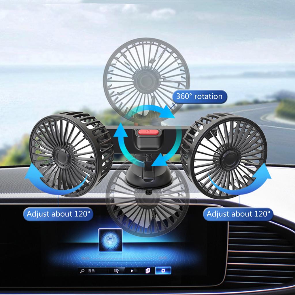 Car Dual Head Fan 360° Rotation 3 Gear Adjustable Suction Cup Cooling Fan for Vehicles Office Dashboard Mounted USB Fan