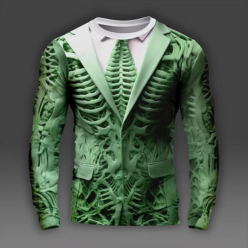 Spring and Autumn Round Neck 3D Skeleton Skull Pattern Printed Top Fashionable Casual Long Sleeved Men's T-shirts
