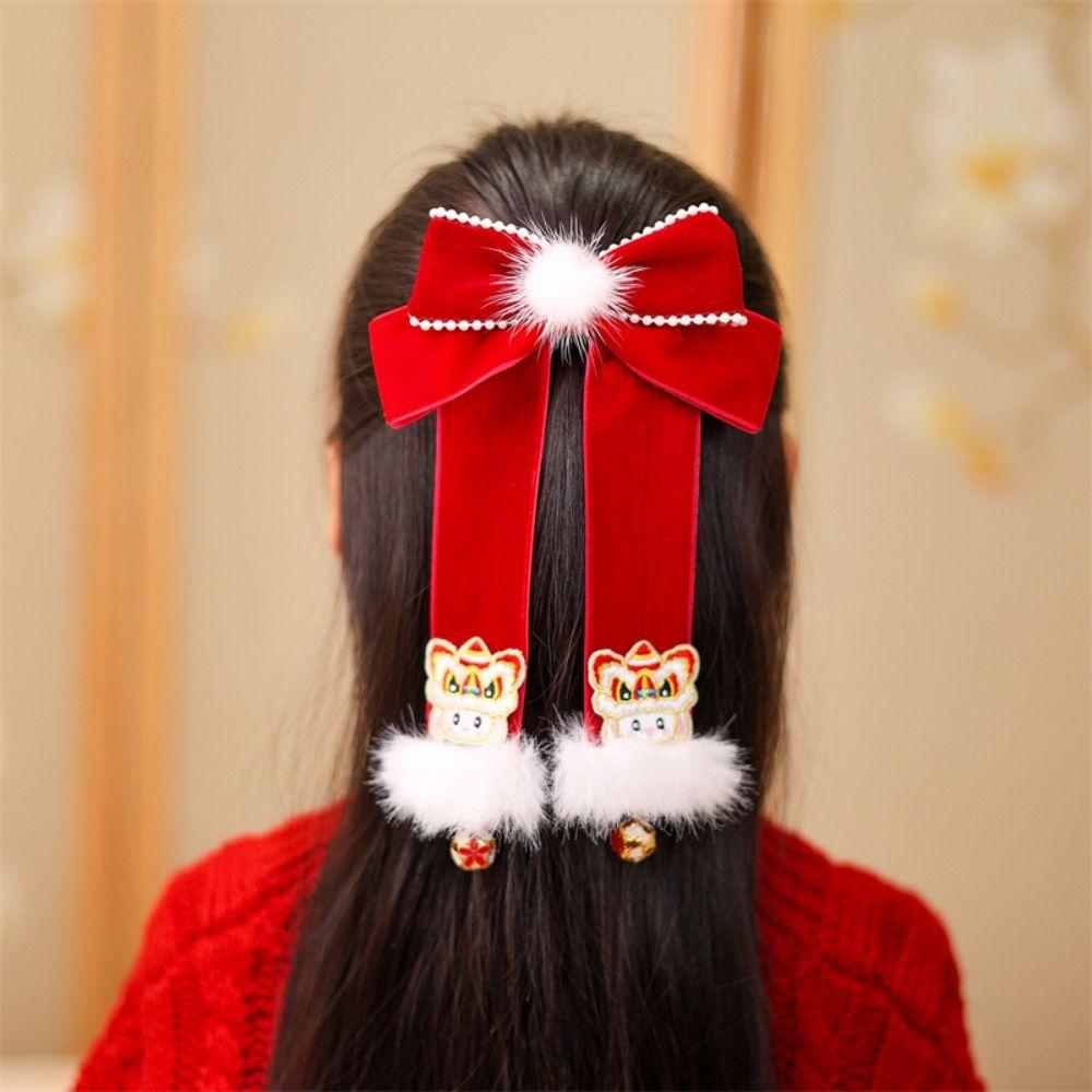 Tassel Red Bow Hair Clip Lion Embroidered Bow Headwear Children's Chinese Hairpin Decoration