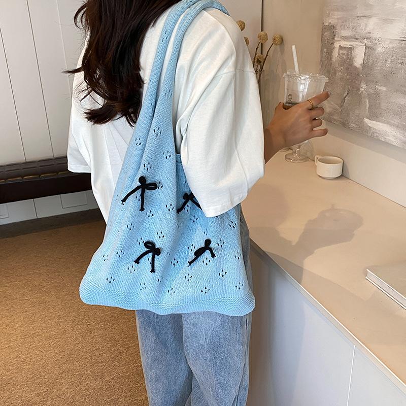 Solid Color Large Capacity Shoulder Bucket Bag Fashionable Knitted Work Commuter Bag Daily Shopper Tote For Women