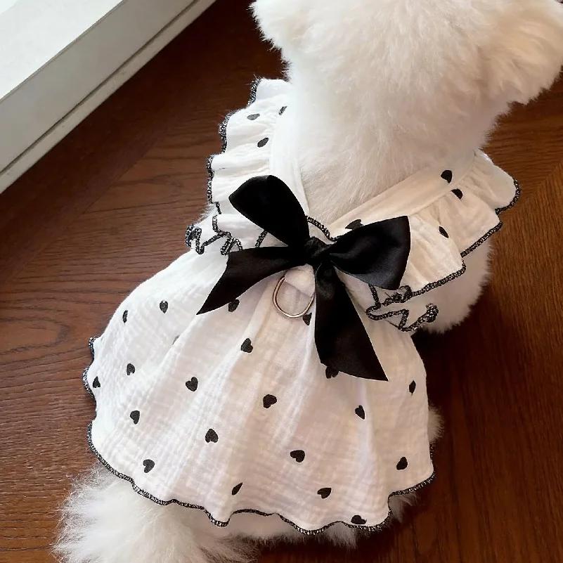 Heart Print Pet Dress With Bow, Breathable Cotton Dog Cat Clothes, Adjustable Pet Outfit With D-Ring