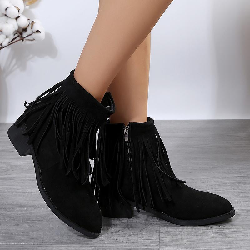 fashion Womens Boots for Vintage Tassel Cowgirl Suede Leather Point Toe Large Size Female Boots Winter Thick Heel Zipper Western Booties