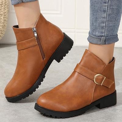 Retro Buckle Strap Ankle Boots Women Low Heels Brown PU Leather Boots Woman Side Zipper Platform Short
