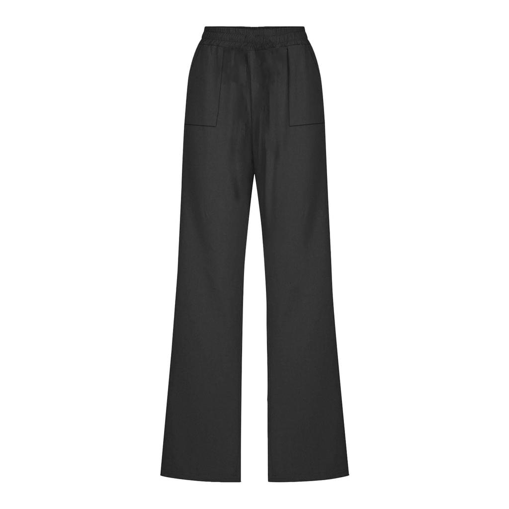 Women's Color Elastic Waist Casual Pants Loose Linen Cropped Pant With Pockets