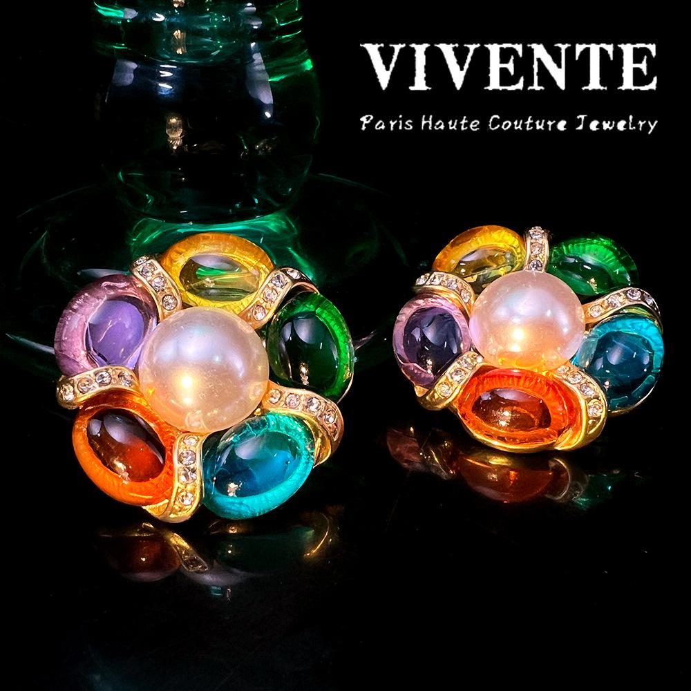 Originale Retro 18K Gold Mehrfarbiges Glas Mittelalterlicher Stil Nicht-Piercing Ohrclips