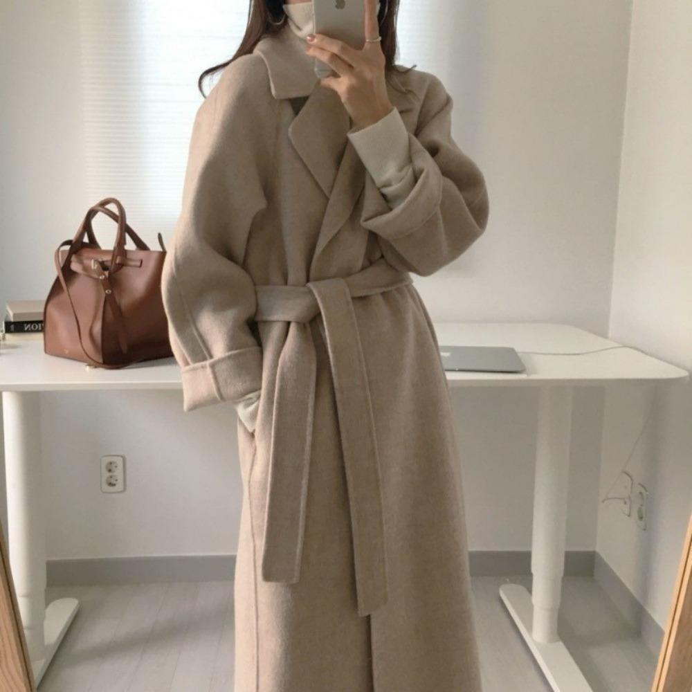 Women Lapel Wool Blend Coat Belted Waist Long Maxi Coat Loose Casual Elegant Winter Outerwear Wool Overcoat