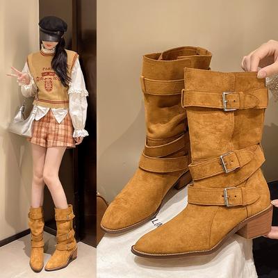 Retro Belt Buckle Pointed Head Thick Heel Western Cowboy Boots Women's Autumn and Winter Versatile Foreign Style Absolute Child Lazy Wind Knight Boots