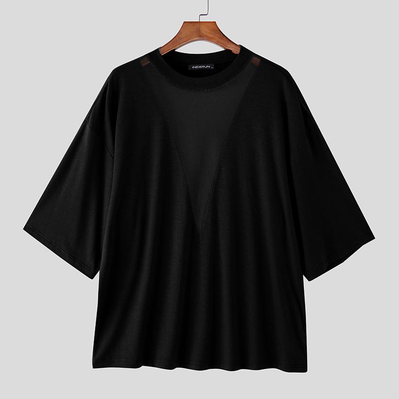 INCERUN Summer Men Short Sleeve Mesh Sheer Patchwork Casual Loose Tops T-shirts L