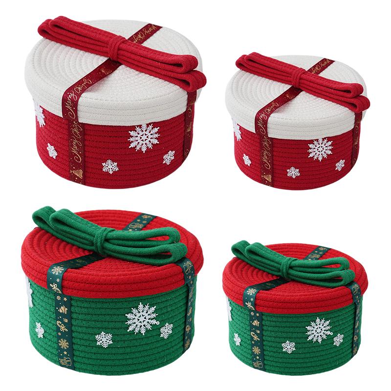 Christmas Decoration Storage Basket With Dust Cover Holiday Gift Box Cotton Rope Woven Snacks Small Gift Storage Basket