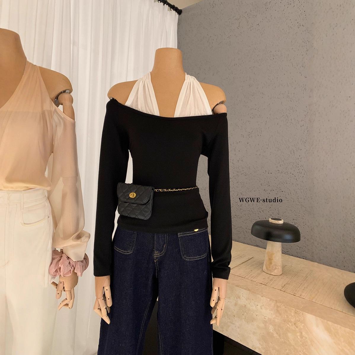 

White Tea Black Chocolate One-Shoulder Long-Sleeve Slimming T-shirt in Autumn/Winter Style. S чёрный