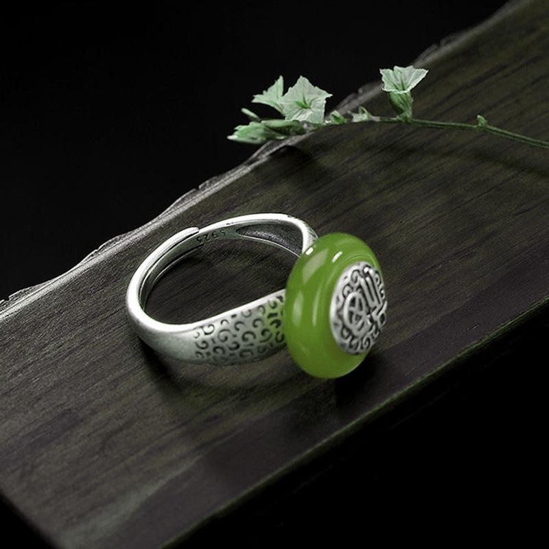 Retro Gilt Openwork Ruyi Ring: Natural Imitation Hetian Jade Peace Buckle with Auspicious Fu Character and Cloud Design for Women