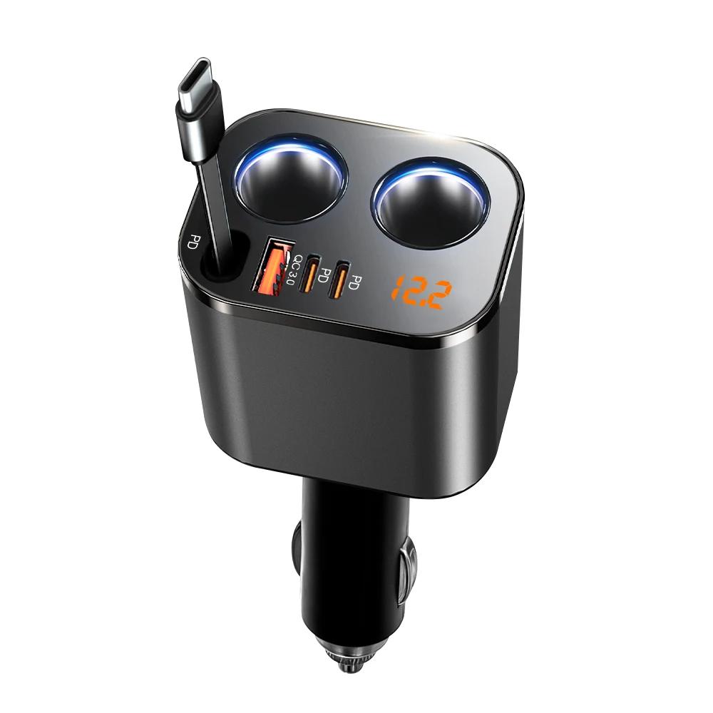 6-in-1 einziehbarer Auto-USB-Handy-Ladegerät 200W max Zigarettenanzünder-Adapter PD30W QC3.0 Schnellladeadapter für 12V-24V Autos