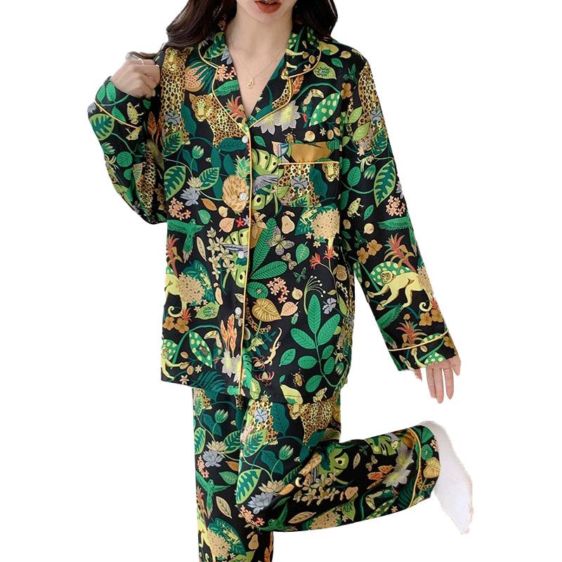 Cartoon-Tierdruck Langarm-Schlafanzug Damen Frühling und Sommer Neu Haus Cardigan Hose Set Kann Getragen Werden