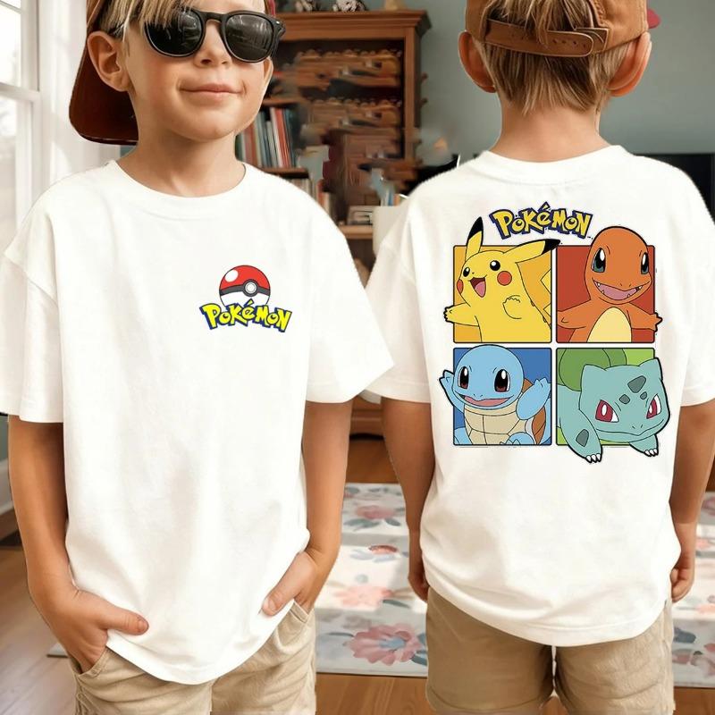 New Anime Pokemon Cosplay T Shirt Pure Cotton Short Sleeve Retro Loose Casual Family Matching Outfits For Men Women Kids