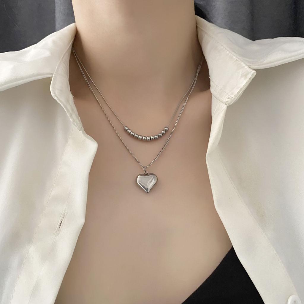 French Fashion Love Heart Double Layer Titanium Steel Clavicle Necklace For Women