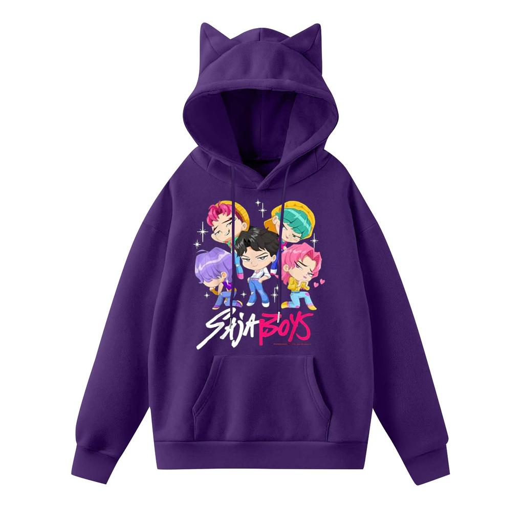 Damemote Casual Langermet trykt Rundhals hettegenser Pullover Topp med lommer
