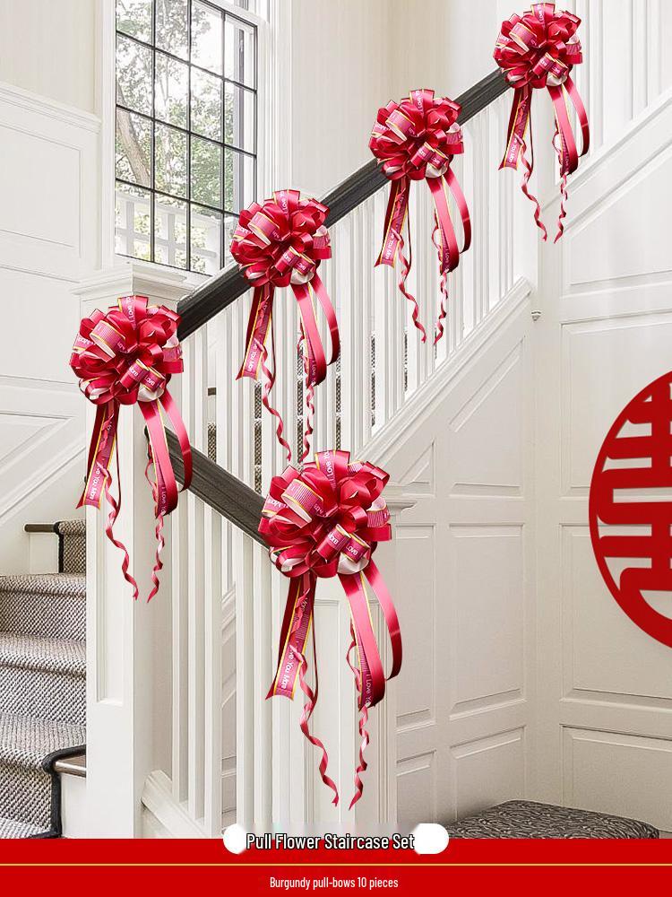 Rustic Wedding Stair Decoration: Groom's Side Double Happiness Flower Set for Handrail & Wall