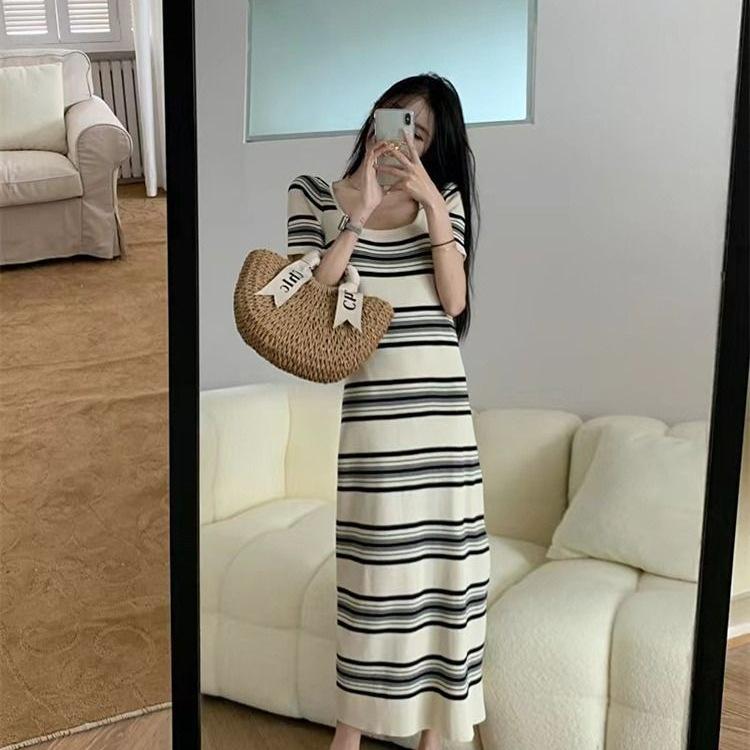 Women's Square Neck Retro Striped Knit Dress - Slim Fit, Midi Pencil Skirt, Cinched Waist, Figure-Flattering for Summer