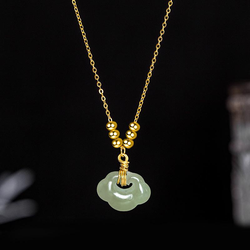 

925 Silver Peace Lock Necklace with Hetian Jade & 14K Gold Clavicle Chain, featuring a Retro Ruyi Longevity Lock Pendant for Women. 925 Silver золотой