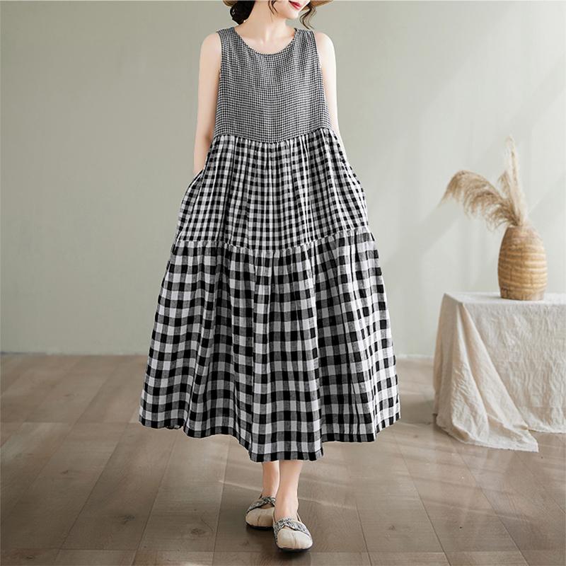 ZANZEA Womens Casual Round Neck Summer Grid Print Sleeveless Dress