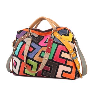 Ledertasche mit geometrischem Muster, mehrfarbig, Patchwork-Tasche, genietete Handtasche, Schultertasche, Umhängetasche für Damen