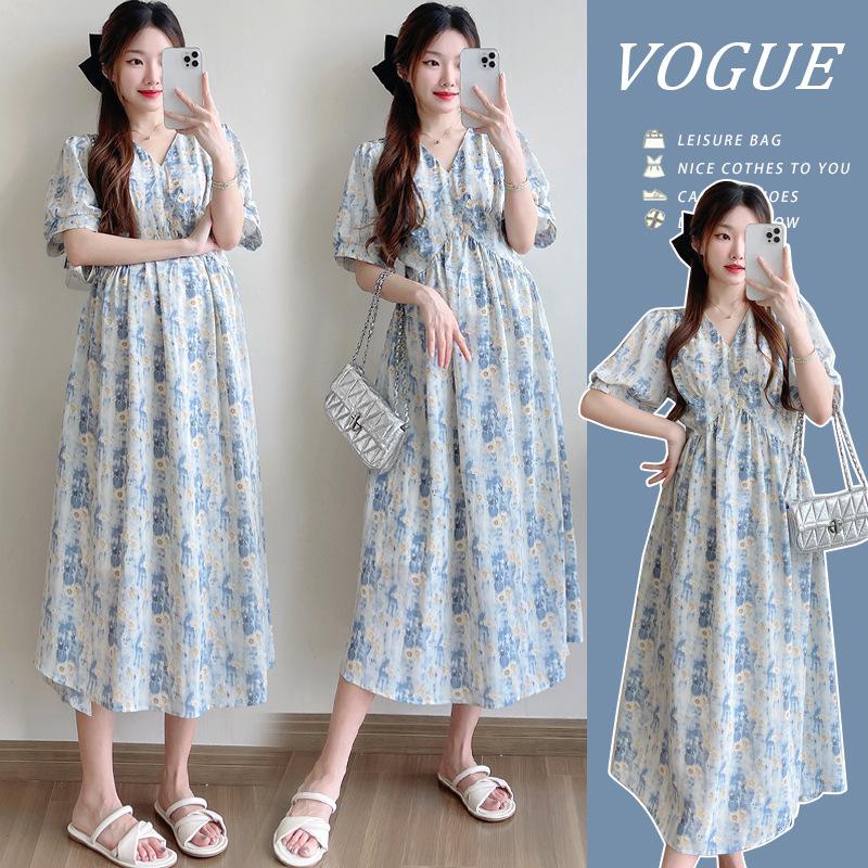 2026 Slimming Maternity V-Neck Short Sleeve Summer Dress - Printed, Loose, Plus Size Extra Large