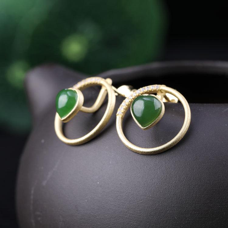 Gold-Plated 925 Sterling Silver Hetian Jade Two-Way Stud Earrings for Women with Certificate