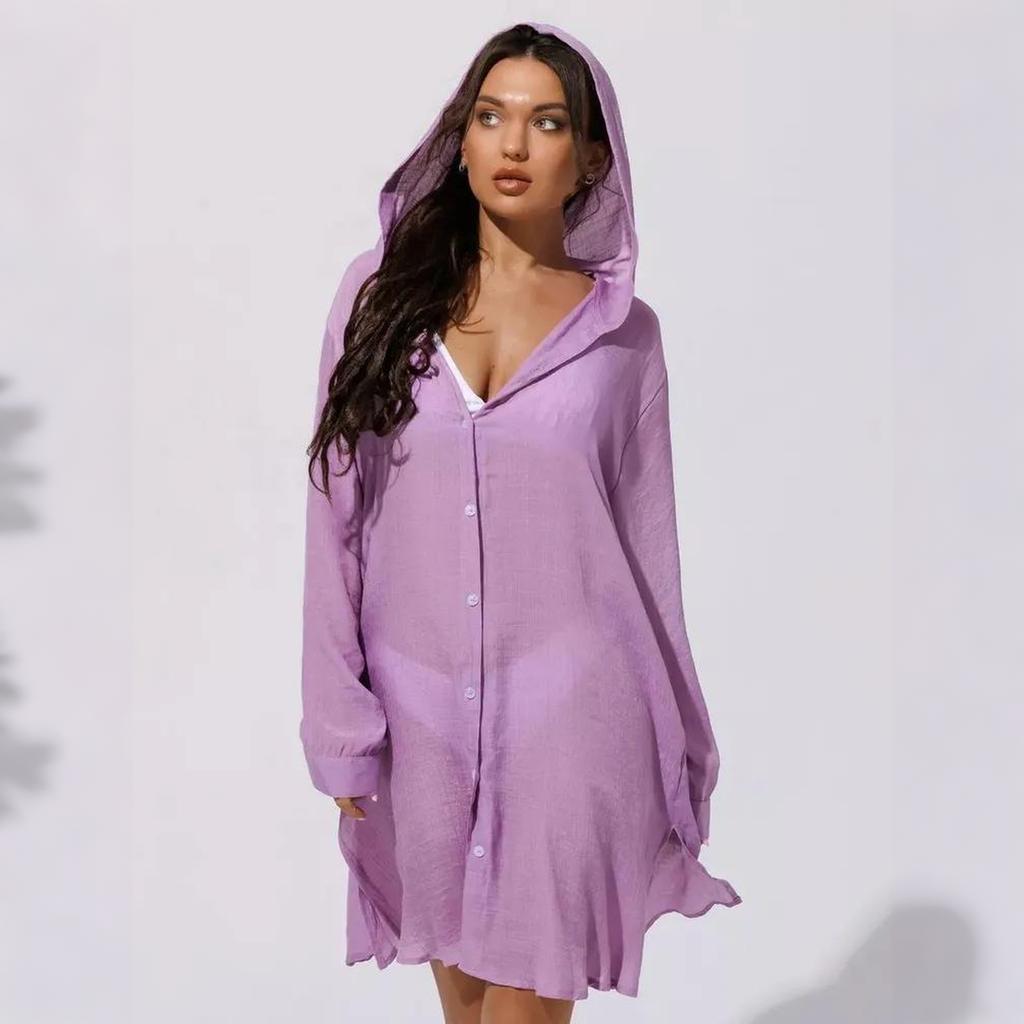 Women's Beach Cover Up Shirt Dress Lightweight Button Down Long Sleeve Casual Vacation Swimwear Cover Up for Bikini Swimwear