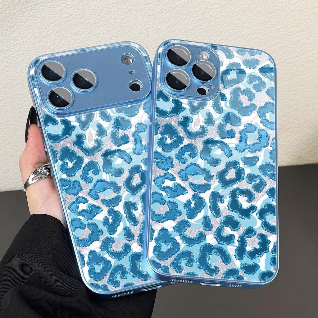 Glitter Blue Leopard Print Phone Case for iPhone 17 16 16ProMax 15 14 13 12ProMax 11 11Pro Anti-Drop Protection