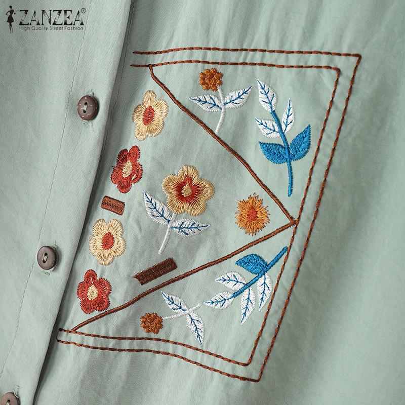 ZANZEA Women Turn Down Collar 3/4 Sleeve Loose Embroidery Blouse