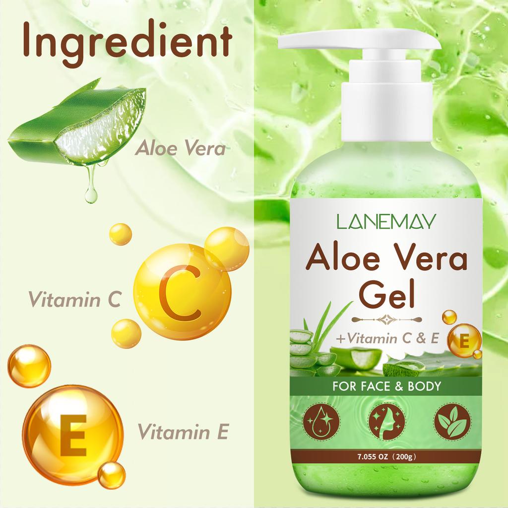 Gel de Aloe Vera con Vitamina C y E Para Rostro y Cuerpo Hidratante Humectante Reparador Alivio de Quemaduras Solares Cuidado del Acné Para Piel Sensible 200g menos