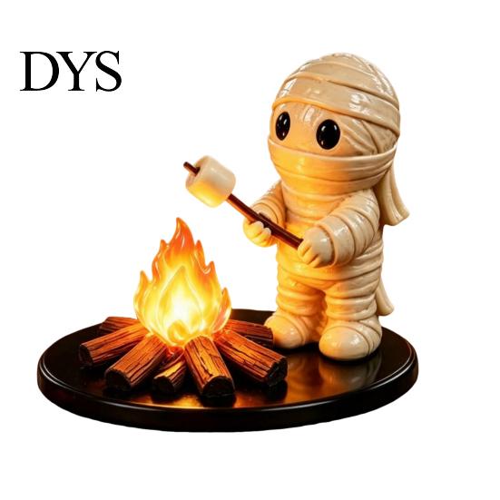 Collectible Fall Atmosphere Sculpture Halloween Campfire Tealight Holder, Matte Resin Ghost Mummy Scarecrow Figurine, Stable Night Light Round