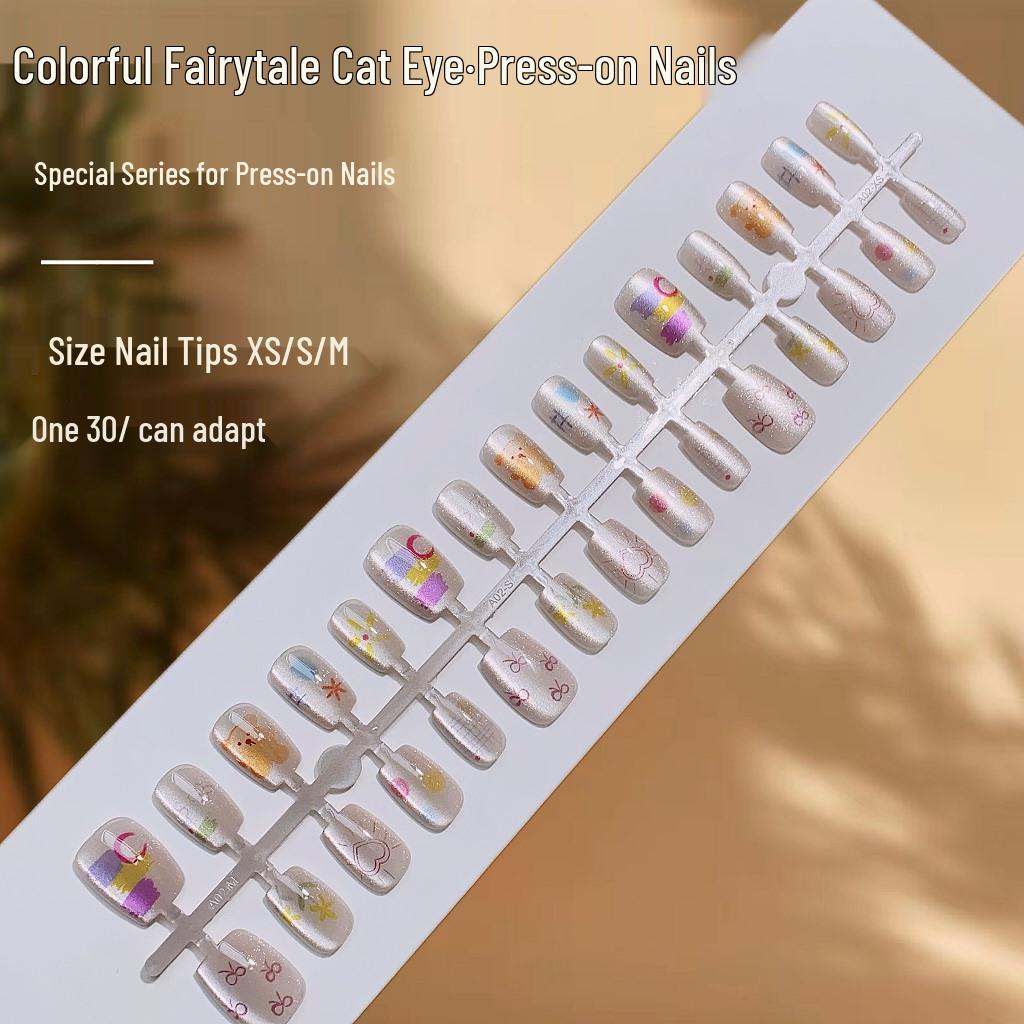 

Dreamy Colorful Cat Eye Nail Art: Romantic Finished False Nail Tips