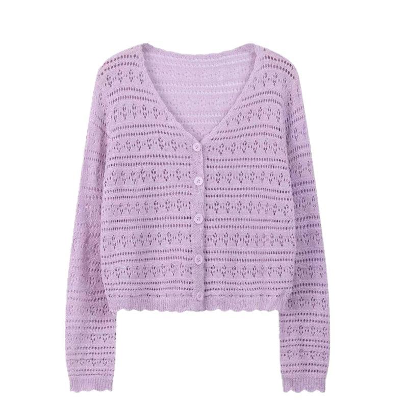 2025 Women's Plus Size Ice Silk V-Neck Knit Cardigan - Summer Sun Protection, Solid Color, Thin, Hollow-Out Short Shawl Jacket