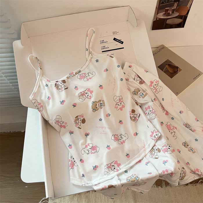 Cute Korean Style Women's Short-Sleeved Camisole Pajama Set with Chest Pads, Imitation Cotton
