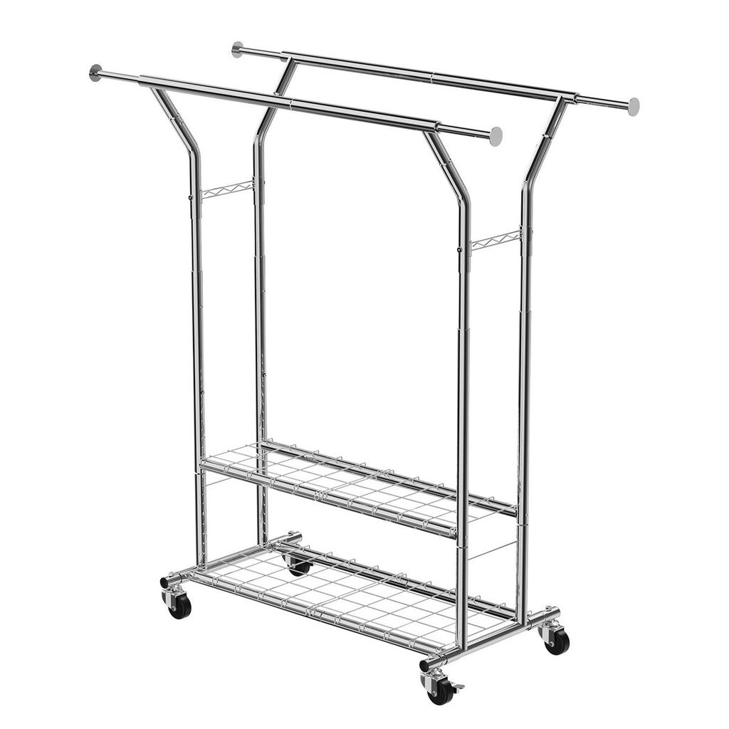 Clothes Rack, Rolling Clothing Garment Rack with 2 Hanging Rods and 2 Storage Shelves, 120 kg Load Capacity, Adjustable Height Carbon Steel Clothing