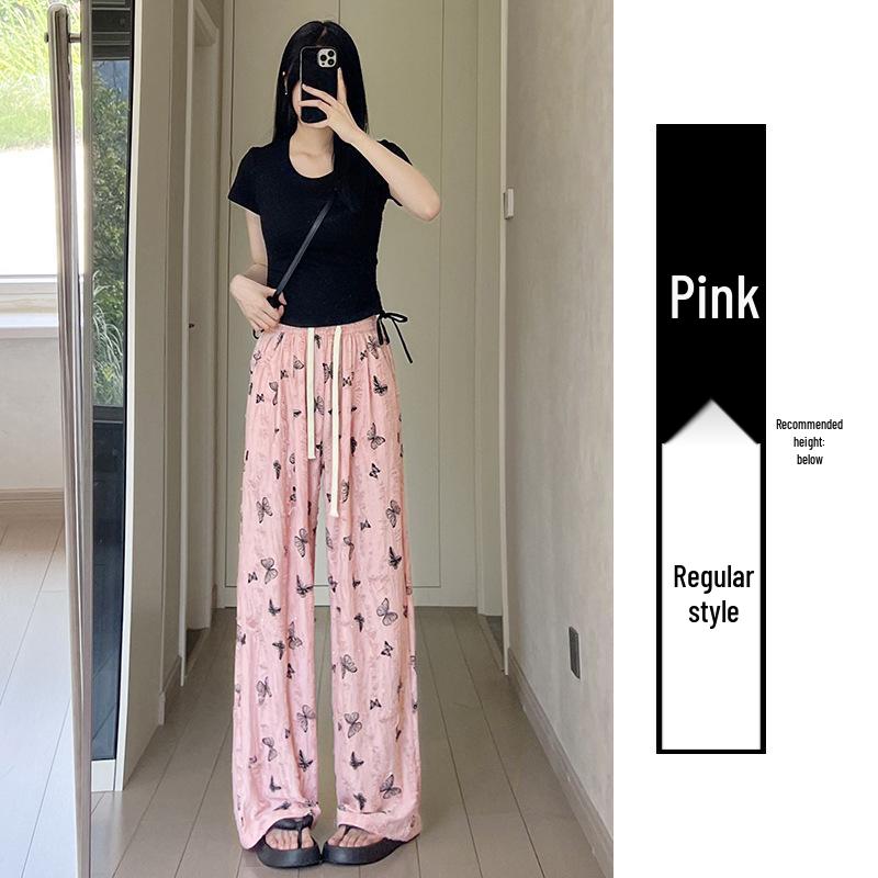 

Korean Butterfly Ripped Wide-Leg Ice Silk Pants - Women s Spring 2026 High-Waisted Casual with Rhinestones. XL