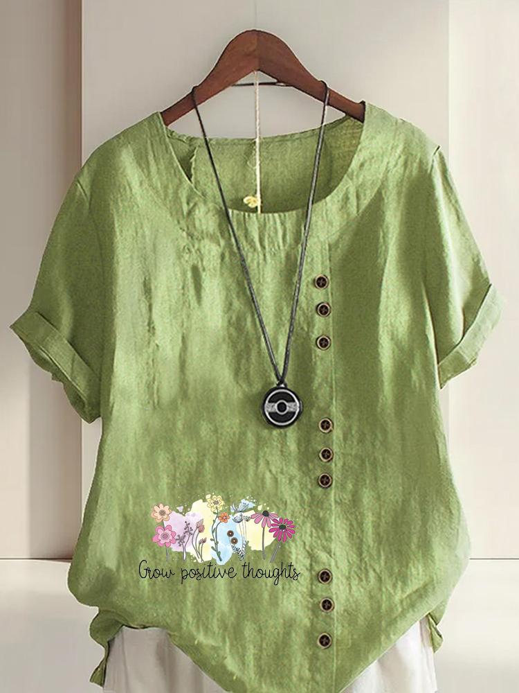 

Women s Fashion Flower Black Letter Print Round Neck Short Sleeve T-shirt Casual Cotton Linen Graphic Shirt Leisure Loose Summer Blouse Tops 5XL зелений