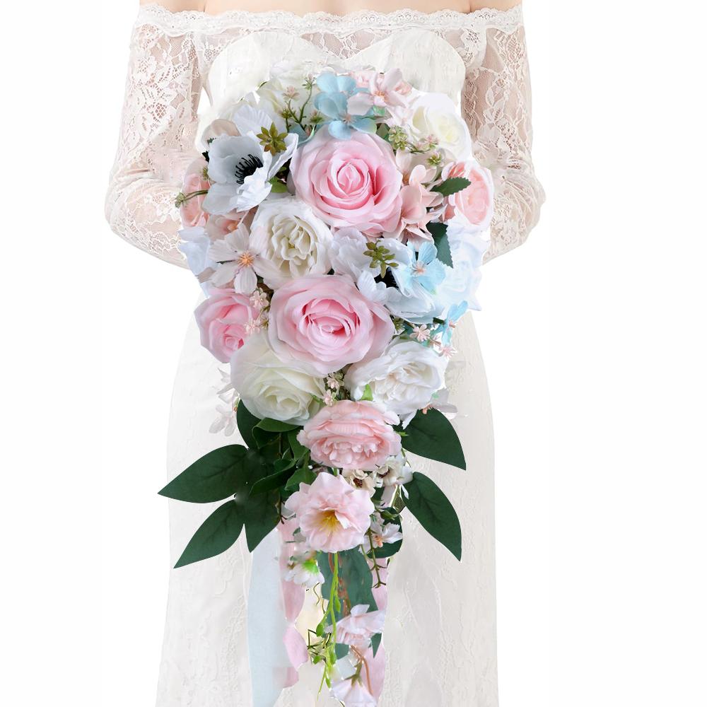 Bouquets de mariage bleus en cascade pour la mariée Bouquet de mariée cascade en soie fait à la main pour la décoration de cérémonie de mariage rustique