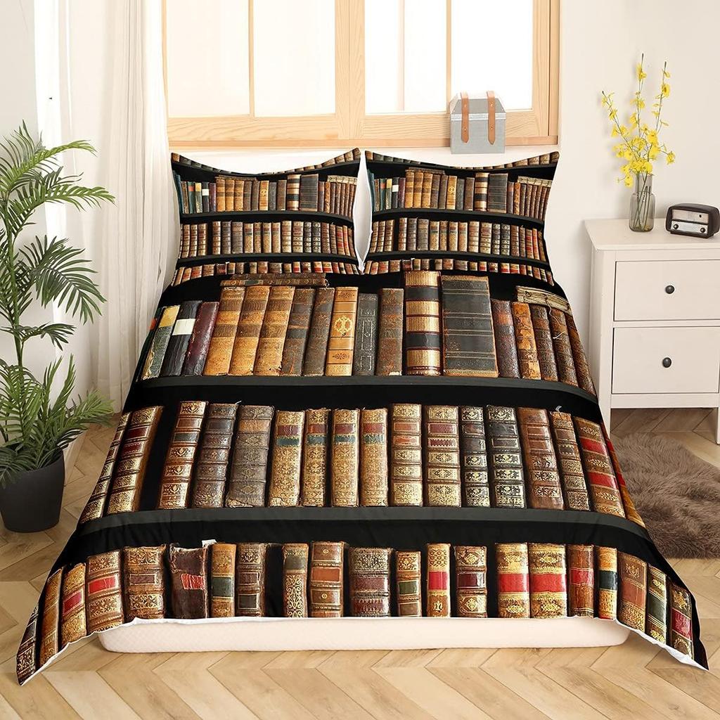 Vintage Books Bedding Set 3D Bookshelf Bedclothes King Kids Boys Brown Book Print Duvet Cover Set of 2 Pillowcases