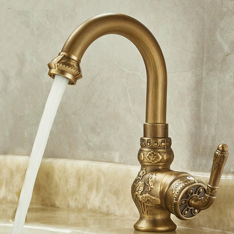 Antique Carved Bathroom Faucet Basin Faucets Brass Hot & Cold Bathroom Sink Faucet Deck Mounted Lavotory Faucet Mixer Water Tap