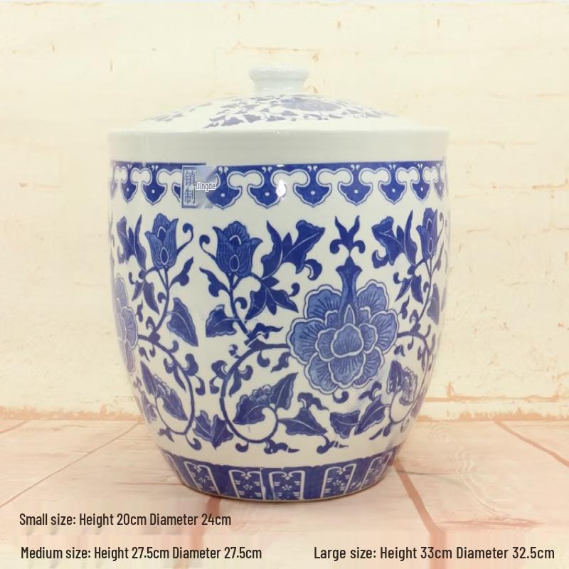 Ruhan Blue-and-White Ceramic Rice Jar with Lid