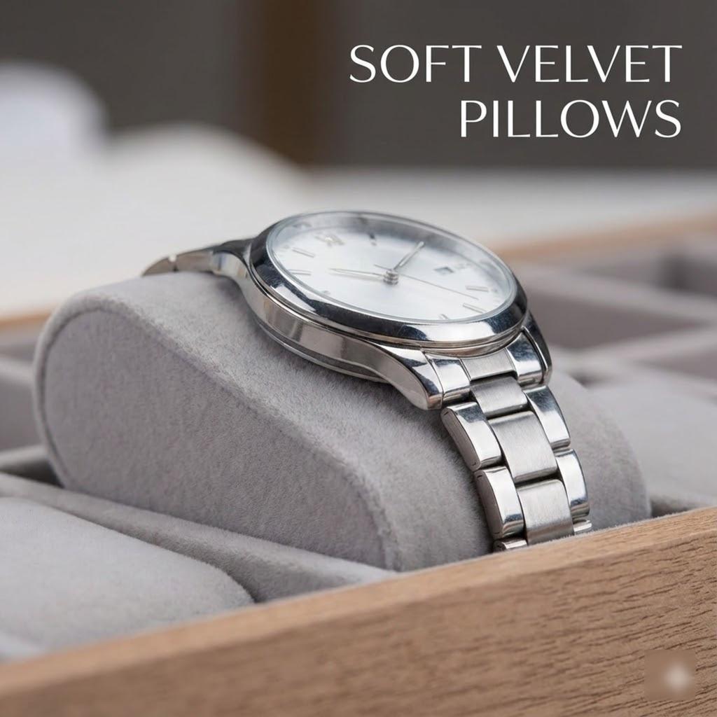 Wooden Watch Box 30 Slots Display Tray Organizer With Grey Velvet Pillows For Men Women