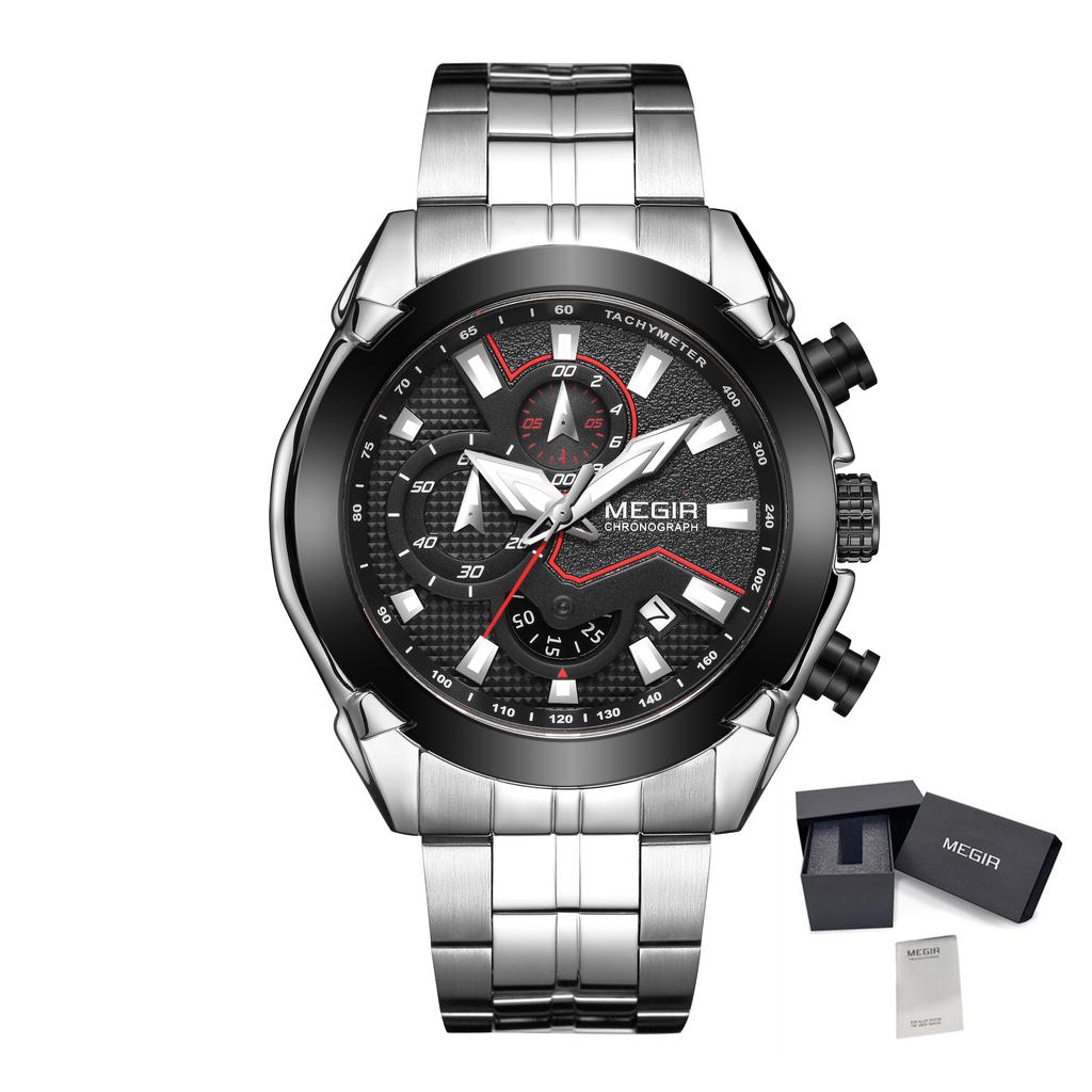 MEGIR Fashion Men Watches Business Chronograph Watch for Men Stainless Steel Quartz Wristwatch Calendar Clock Reloj Hombre 2065