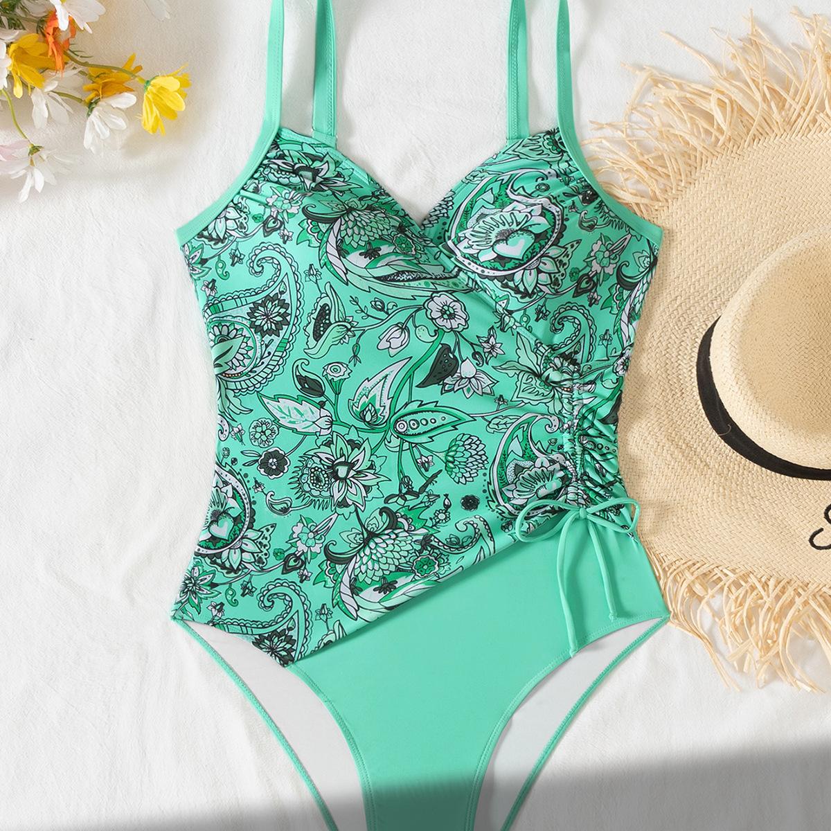 

Женский цельный купальник с принтом, на кулиске, плиссированный, облегающего кроя XL зелёный