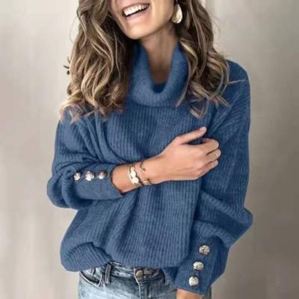 Women's Turtleneck Long Sleeve Knit Sweater Straight Fit Solid Color Button Cuff Casual Pullover Top