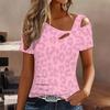 T-shirt da Donna Splicing Stampa Leopardo Spalle Scoperte Manica Corta Taglio Irregolare Scollo Cutout Blusa Top Casual Estiva